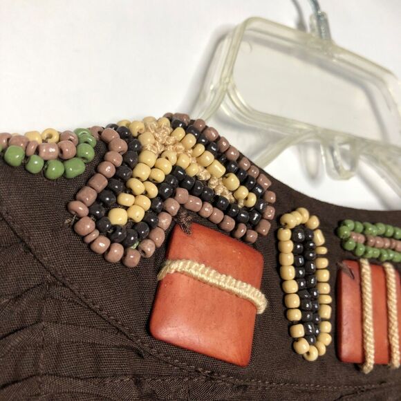 Chico’s Wms Large Brown Pin Tuck Tribal Jacket Shacket Beaded Neckline Career - Picture 8 of 12